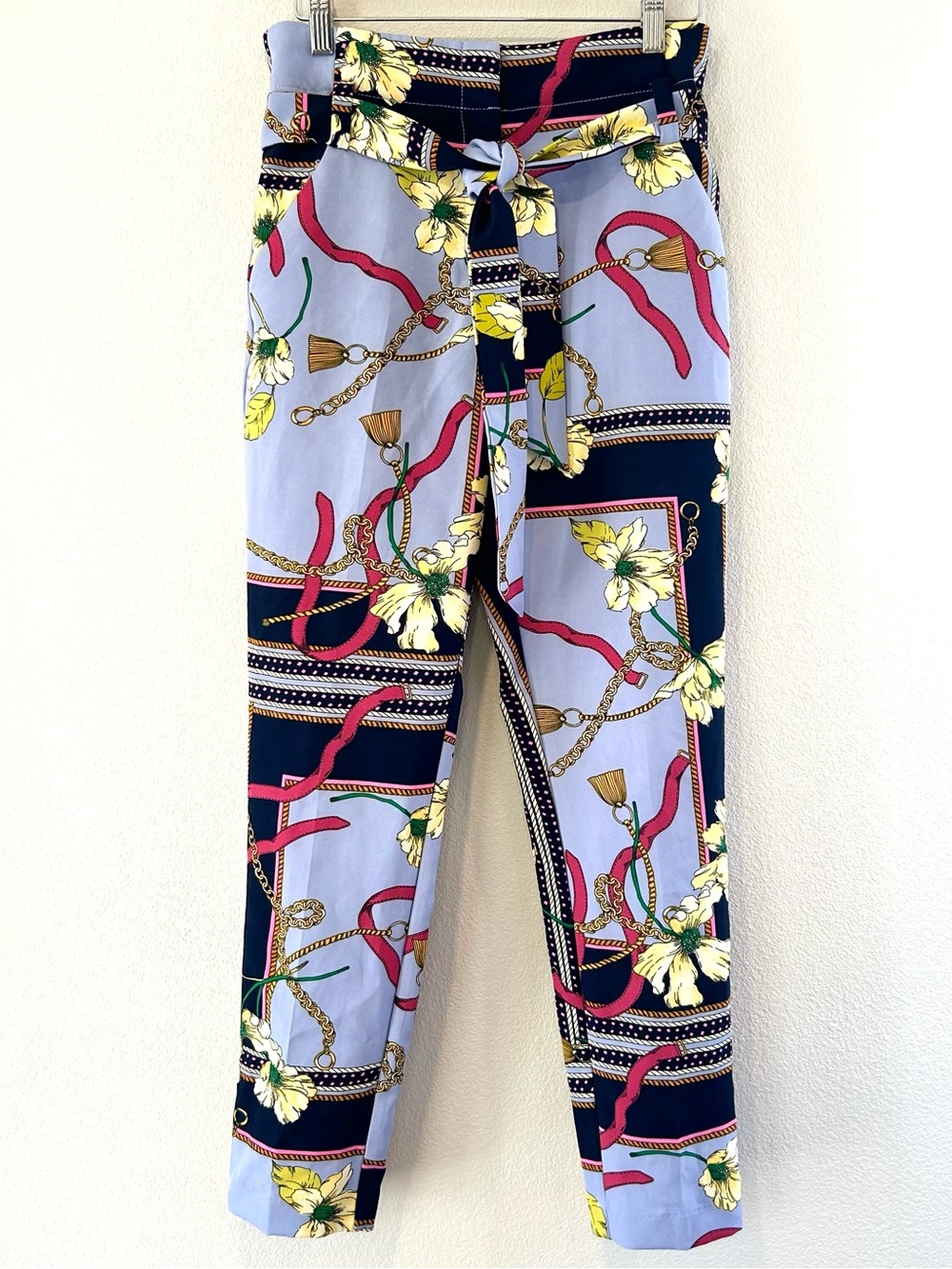 7th Avenue Purple Chains Floral Print High Waisted Belted Pants Preppy Size 4